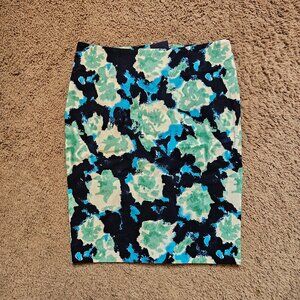 Dalia Blue Green Abstract Watercolor Floral Pattern Pencil Skirt